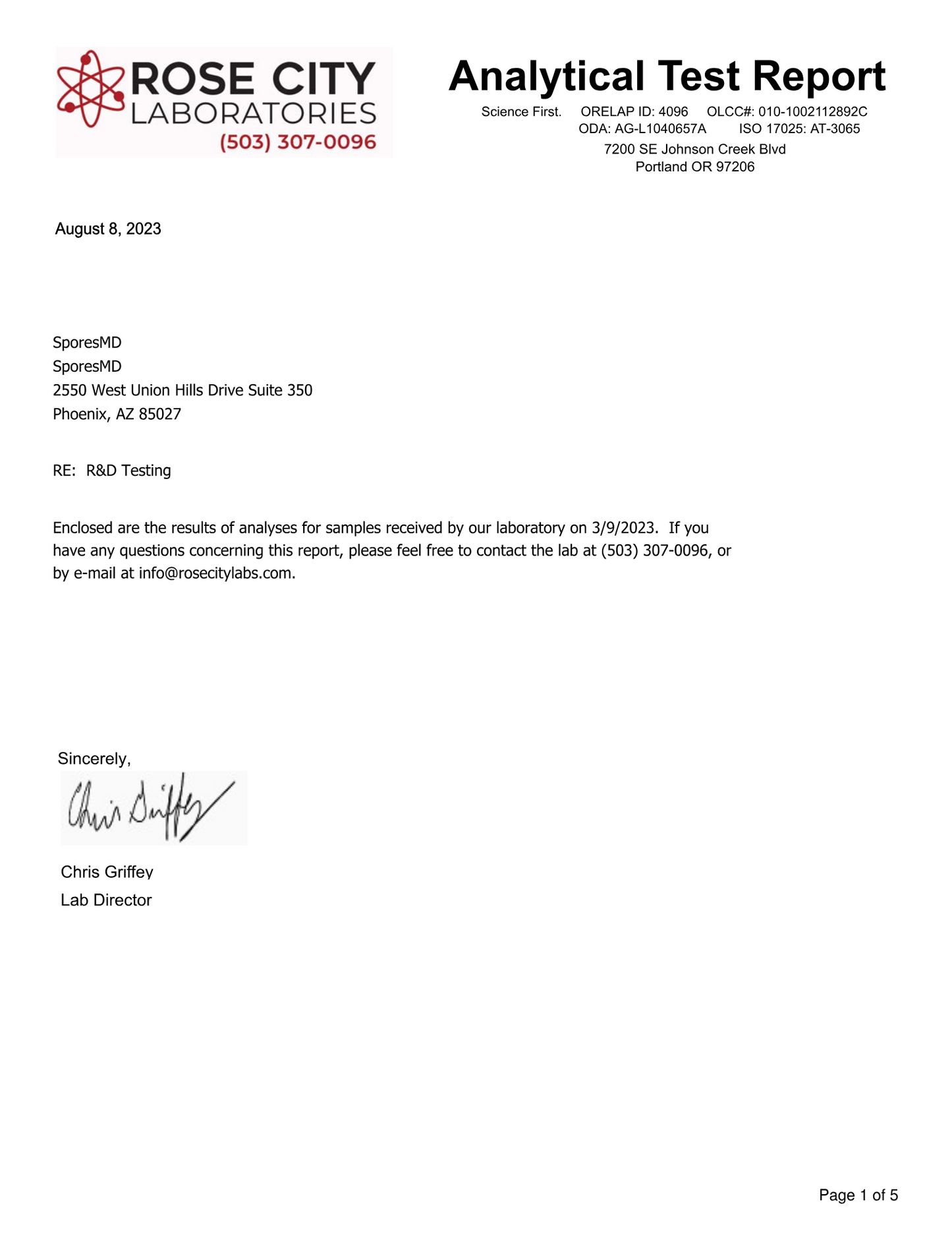 Analytical test report from Rose City Laboratories with contact information and document details.