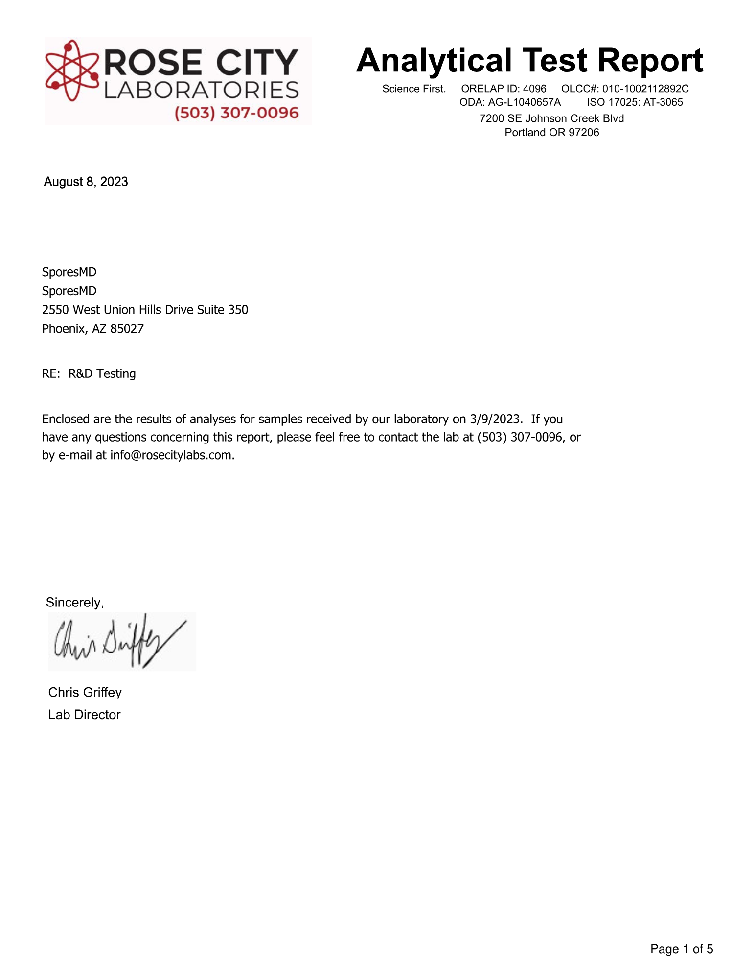 Analytical test report from Rose City Laboratories with contact information and document details.
