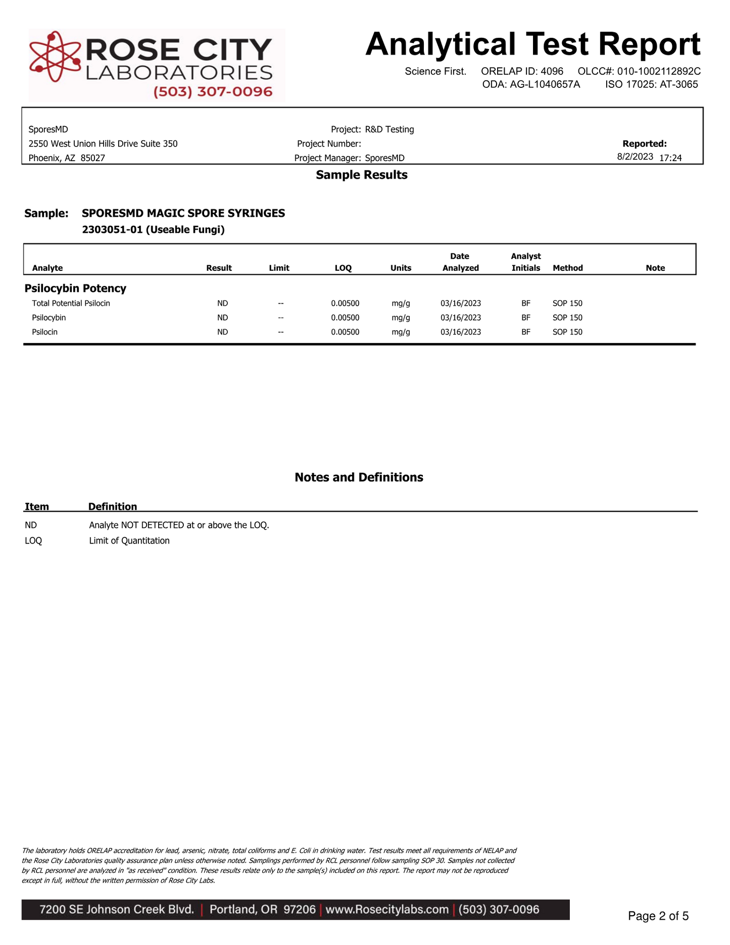Analytical test report from Rose City Laboratories with sample results and contact information.