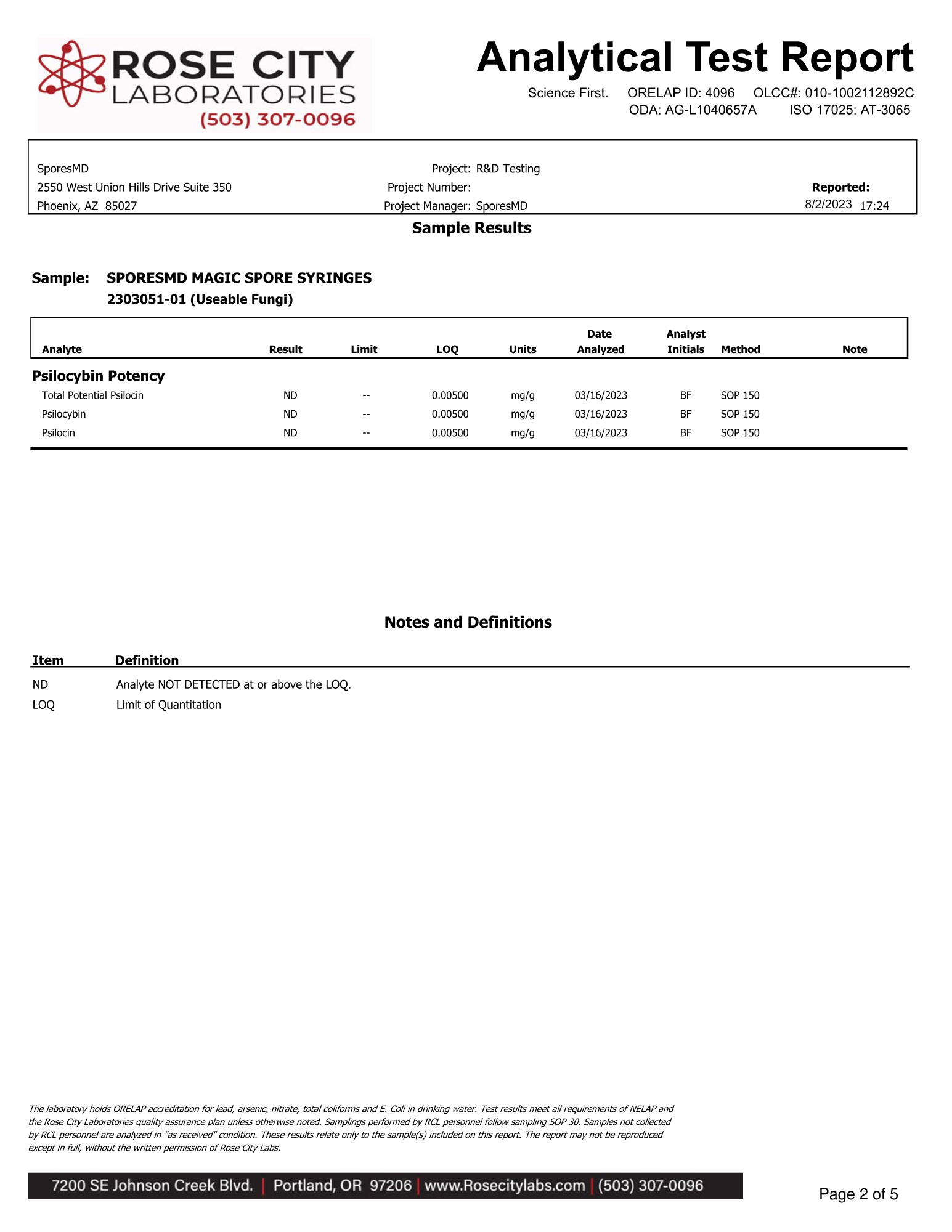 Analytical test report from Rose City Laboratories with sample results and contact information.