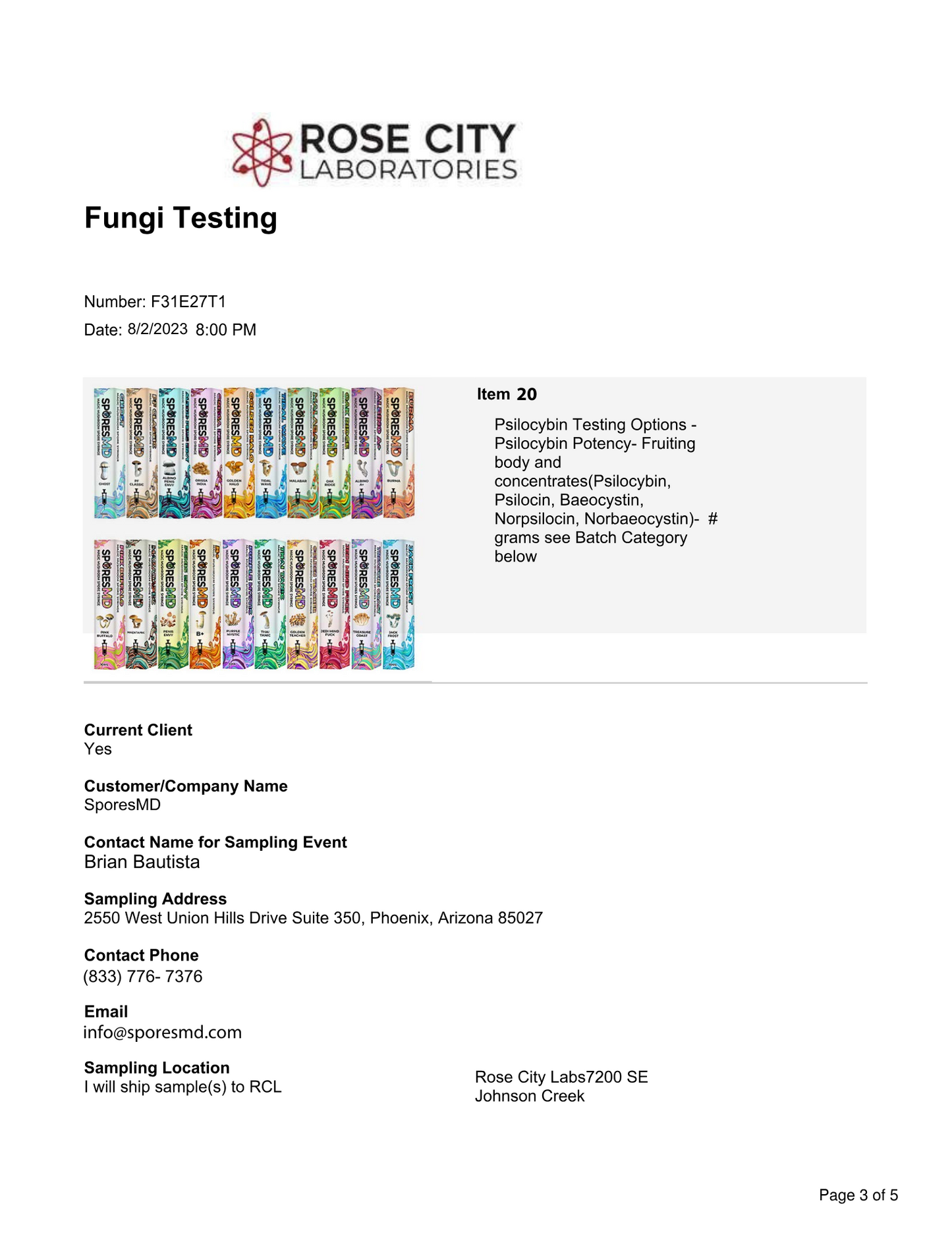 Rose City Laboratories document for fungi testing with test vials on a white background