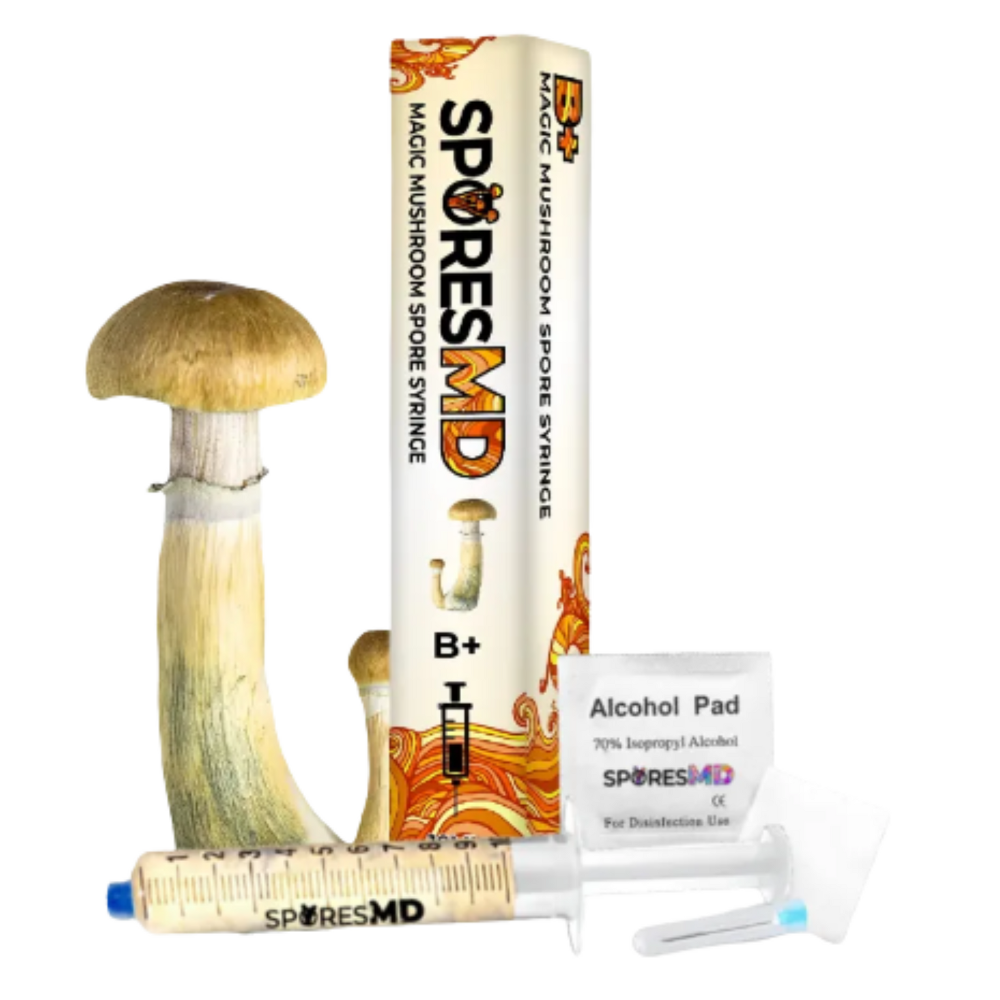 Spores MD magic mushroom kit with mushroom, syringe, and alcohol pad on a white background